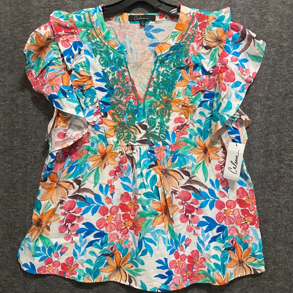 NEW Calessa Top Womens L Floral Ruffle Boho Peasant Embroidered Tropical Cottage